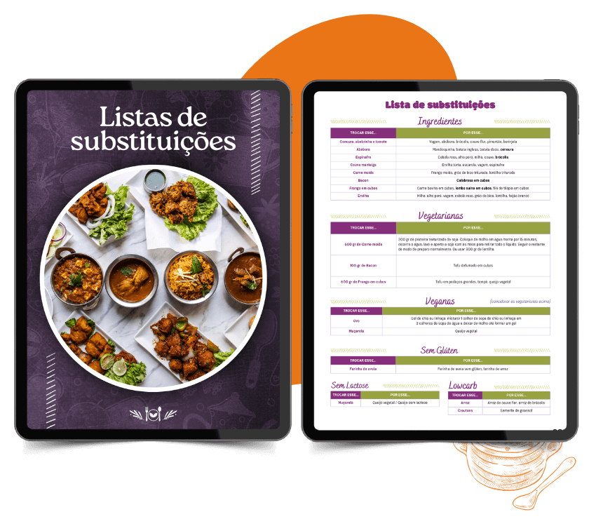 Cardápios com listas de substituições:  Vegana, vegetariana, sem glúten, sem lactose, lowcarb e de ingredientes em geral (que não alteram o método). 